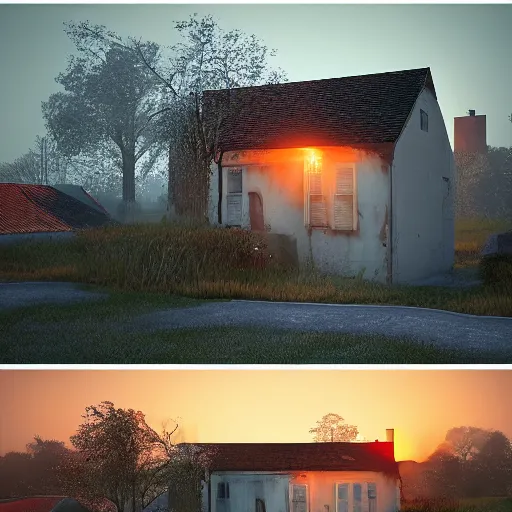 Prompt: Old breaking houses, orange dawn, vaponpunk, sunset, 8k, soft light, ray tracing, wet ground