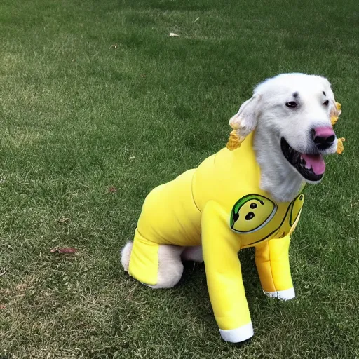 Prompt: dog wearing bannana suit