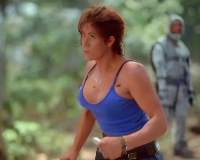Prompt: a still of full body Sarah Bryant in her blue full body suit, of Virtua Figther, in the movie Hard Target (1993), HDR, high quality, 8k, highly detailed and intricate,