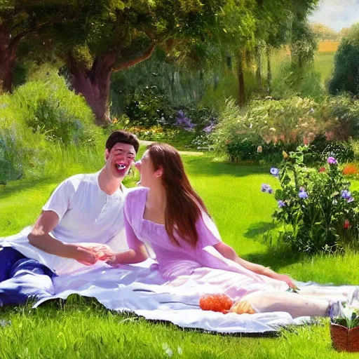 Prompt: a young man and woman sitting in a beautiful garden on a picnic blanket on a hot summers day laughing, john singer sargent style, 4 k, beautiful, elegant, vintage