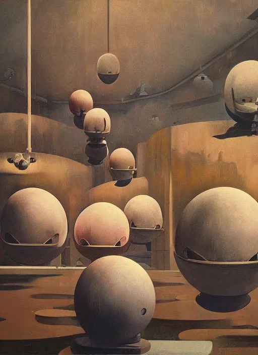 Prompt: spherical people gas masks at flooded restaurant Edward Hopper and James Gilleard, Zdzislaw Beksinski, open ceiling, highly detailed, painted by Francis Bacon, painted by James Gilleard, surrealism, airbrush, Ilya Kuvshinov, WLOP, Stanley Artgerm, very coherent, art by Takato Yamamoto and James Jean