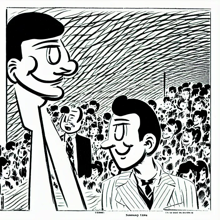 Prompt: a still frame from comic strip, smiling sun 1 9 5 0, herluf bidstrup, new yorker illustration, monochrome contrast bw, lineart, manga, tadanori yokoo, simplified,