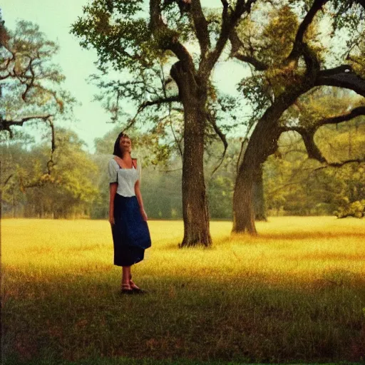 Prompt: a stunning 35mm photo of a lady who looks like she drinks sweet tea drinking sweet tea, southern pastoral scene, hazy air