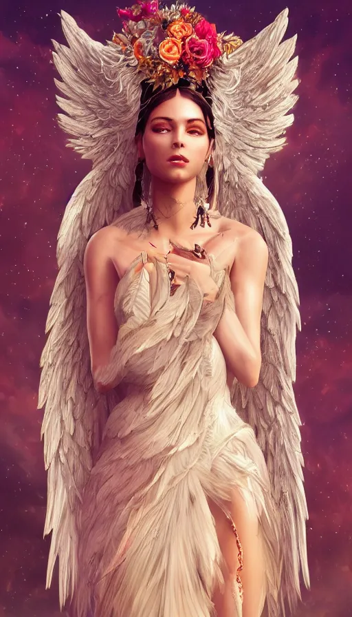 Image similar to expressive full body photo of sophia lauren as beautiful angel, smooth glowing skin, ornate headpiece made from flowers, ornaments, glamour shot, by karol bak, by greg rutkowski, by artgerm, octane render, unreal engine, photorealistic, canon r 3, fashion photography