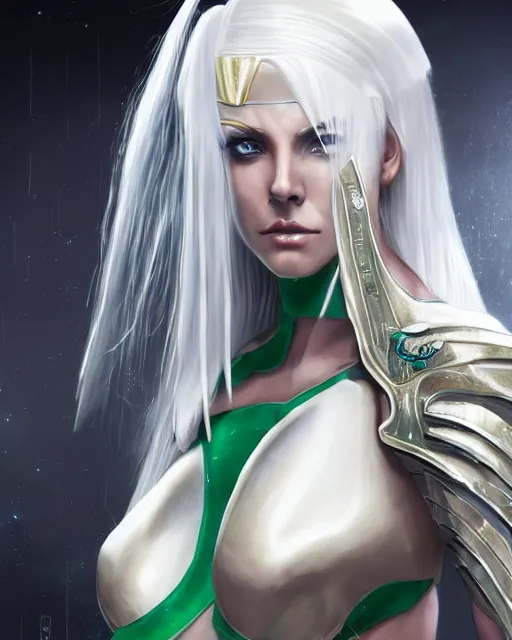 Image similar to perfect white haired attractive egyptian goddess, warframe armor, beautiful, symmetric, dreamy, half asian, pretty face, green eyes, charlize theron, detailed, scifi platform, laboratory, experiment, 4 k, ultra realistic, epic lighting, android body, illuminated, cinematic, masterpiece, art by akihito tsukushi, voidstar