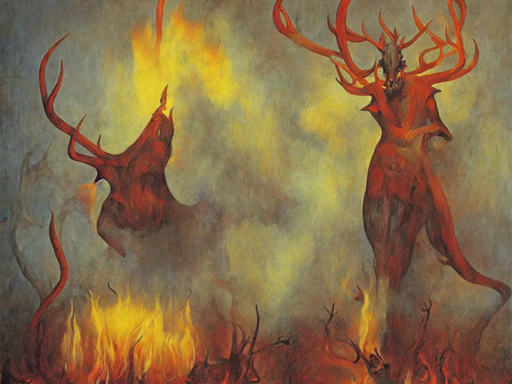 Prompt: devil with antlers burning with a flamethrower the lily. painting by mikalojus konstantinas ciurlionis, bosch, wayne barlowe, agnes pelton, rene magritte