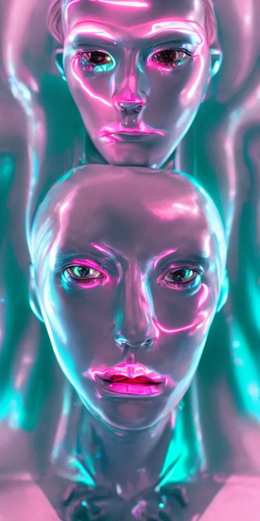 Image similar to high quality photo of rococo cyborg woman with pearlescent blue skin key sage wayne barlowe very soft pink neon lighting on one side wide angle 35mm shallow depth of field 8k