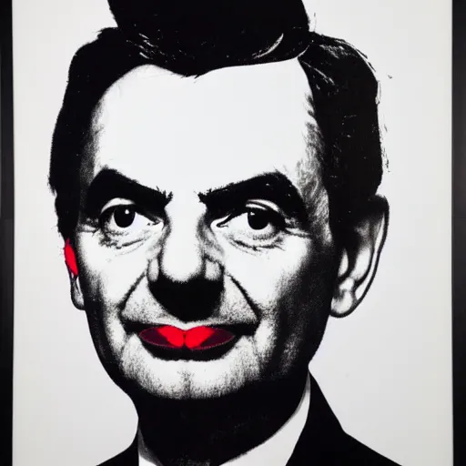 Image similar to a portrait of Mr Bean, made by Andy Warhol, two tone, very high contrast, only black and white, simplistic, extremely high contrast, two tone, notan art, by Andy Warhol, minimalistic,