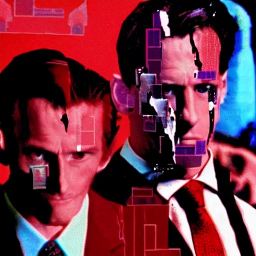 Image similar to a scene from the movie american psycho, glitch art