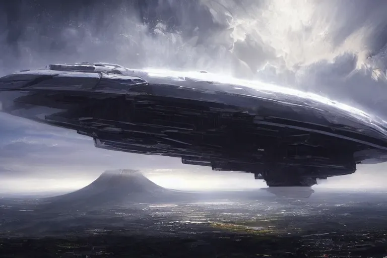 Prompt: a huge spaceship emerging from the clouds over Table Mountain, cinematic, dramatic lighting, 4k, ultra detailed, trending on artstation, by sparth