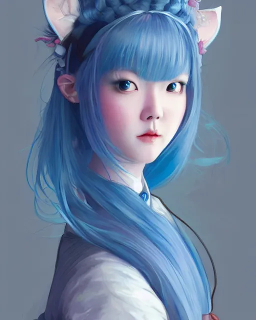 Image similar to symmetrical portrait of a pretty korean girl with blue hair dressed as alice in wonderland, digital painting, 8 k, concept art, art by wlop, artgerm, greg rutkowski and alphonse mucha