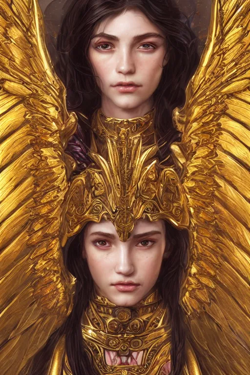 Prompt: portrait of a young beautiful Saint Celestine, intricate golden armor with angel wings, Warhammer 40k-inspired, fantasy, intricate, beautiful eyes, realistic face, cinematic lighting, highly detailed, digital painting, Artstation, concept art, smooth, sharp focus, illustration, art by Artgerm and Greg Rutkowski and Alphonse Mucha