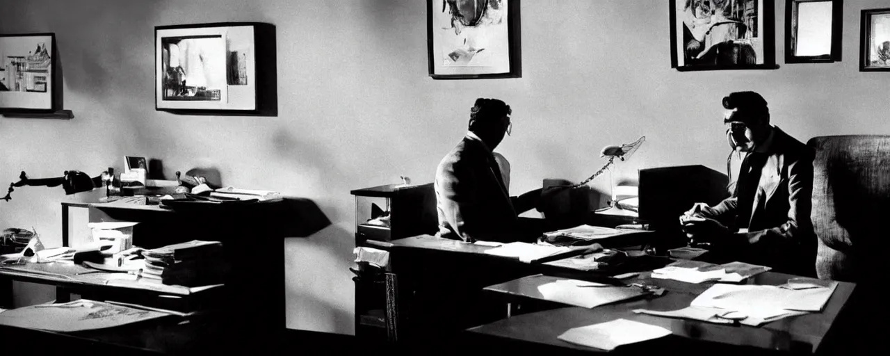 Prompt: film noir detective sitting in the dark at his desk, contrast lighting, black and white, by Frank Miller