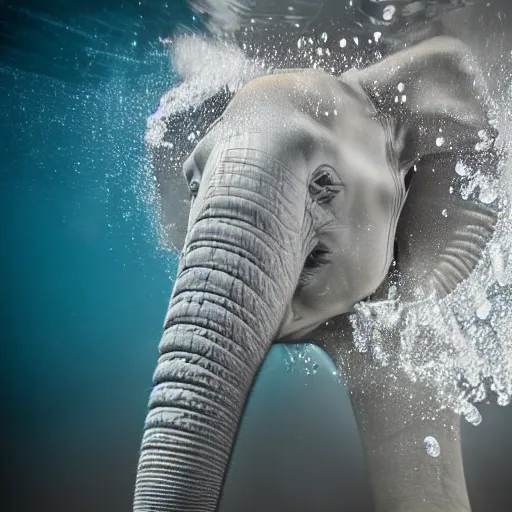 Prompt: Underwater shot of a baby elephant's head, water bubbles, particulate, extremely detailed, studio lighting