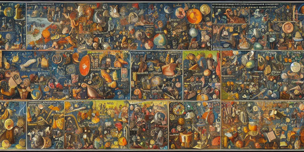 Prompt: periodic table of consciousness in the style of heironymus bosch, intricate colorful masterpiece, hyper detailed, hd
