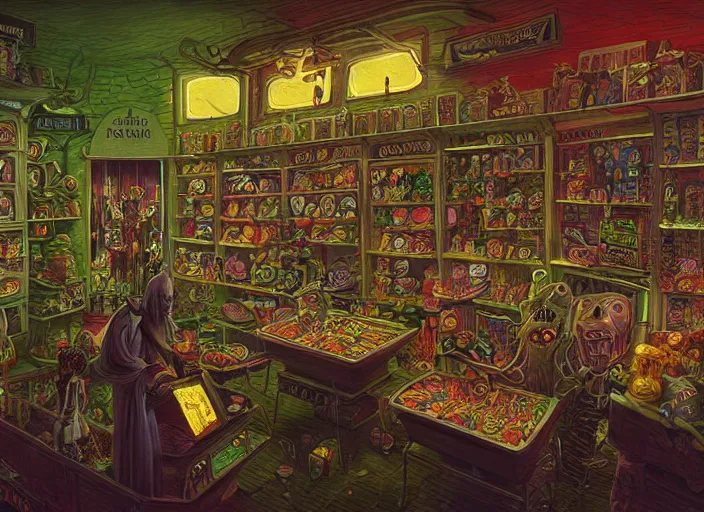 Prompt: interior of a creepy candy shop selling strange candy, dark fantasy, night, by michael whelan, digital art