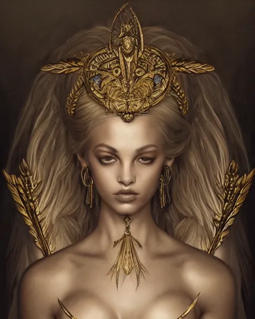 Image similar to tattoo sketch of blonde super model aphrodite greek goddess wearing a gold laurel wreath and triangle earrings, beautiful piercing gaze with sharp pupils, in the style of greg rutkowski, fantasy, amazing detail, epic, elegant, smooth, sharp focus, front view