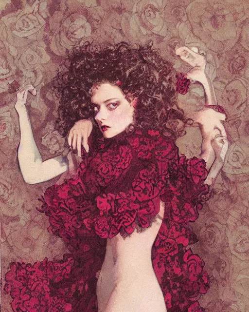 Image similar to a beautiful but sinister woman in layers of fear, with haunted eyes and curly hair, 1 9 7 0 s, seventies, floral wallpaper, delicate embellishments, a little blood, crimson, painterly, offset printing technique, by william russell flint