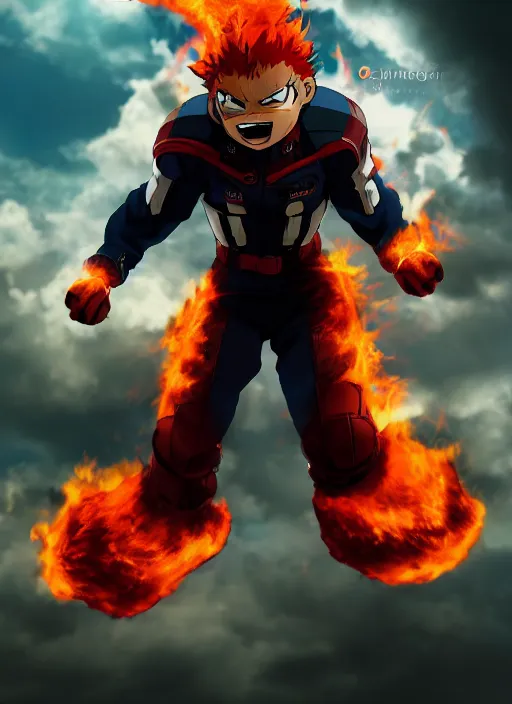 Prompt: Endeavor from my hero academia have flame wings and posing, anime, hyper realism, dark atmosphere, cinematic shot, intricate, ornate, photorealistic, ultra detailed, realistic, 100mm, photography, octane, high definition, depth of field, bokeh, 8k, artstation