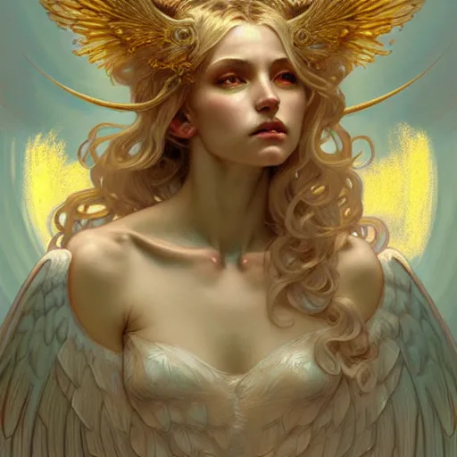 Image similar to Winged girl angel covered in eyes with blonde hair and glowing halo, iridescent, seraphim, fantasy, intricate, elegant, highly detailed, digital painting, artstation, concept art, smooth, sharp focus, illustration, art by Krenz Cushart and Artem Demura and alphonse mucha