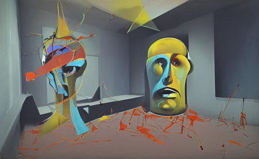 Prompt: an empty room in the style of constructivism, exhibition of paintings, trash bag on head, 7 0 s sci - fi art, blurred, grotesque, doomed, neural acrylic paint, high resolution, gouache on canvas, ultra detailed, vibrant colors, grotesque, wrapped thermal background, slimey, art by francis bacon, beksinski painting