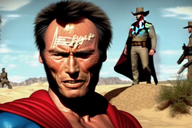 Prompt: clint eastwood as superman in the good the bad and the ugly