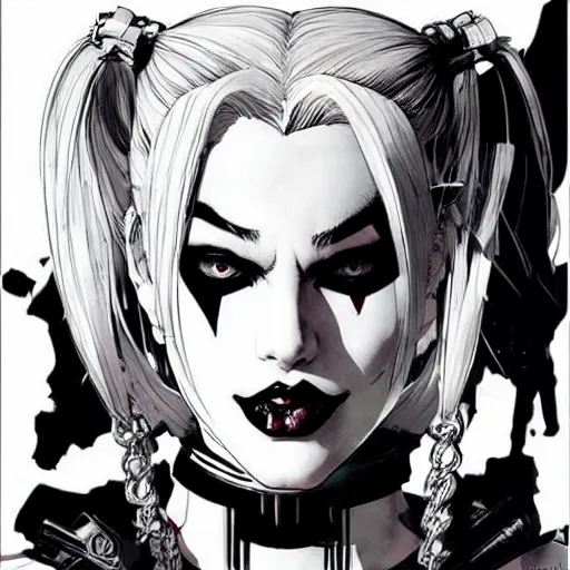 Prompt: dc vertigo Harley Quinn by yoji shinkawa and Ashley wood, black and white, detailed