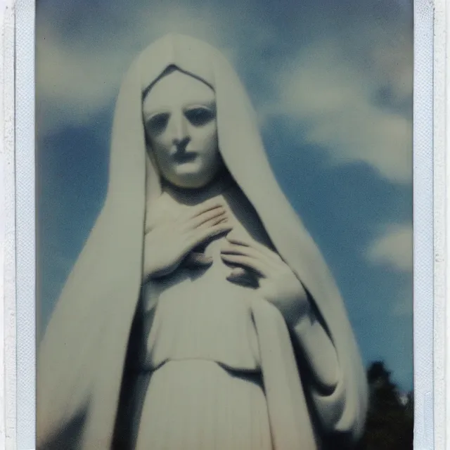 Image similar to vintage polaroid closeup of white mother mary statue crying blood, pictured slightly from below, clear sky with blue clouds in background