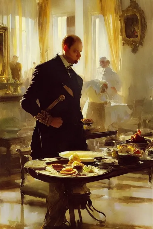 Image similar to portrait of a respectable dignified royal business elite politician standing on top of a finely set table calmly stepping in the food art by anders zorn, wonderful masterpiece by greg rutkowski, beautiful cinematic light, american romanticism by greg manchess, jessica rossier