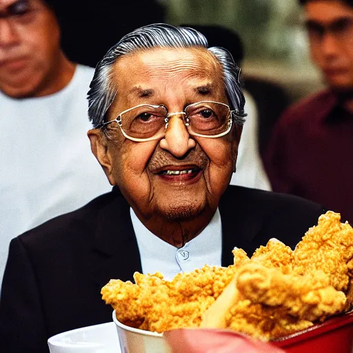 Image similar to Tun Mahathir mohammad eating a bucket of KFC , photorealistic 8k