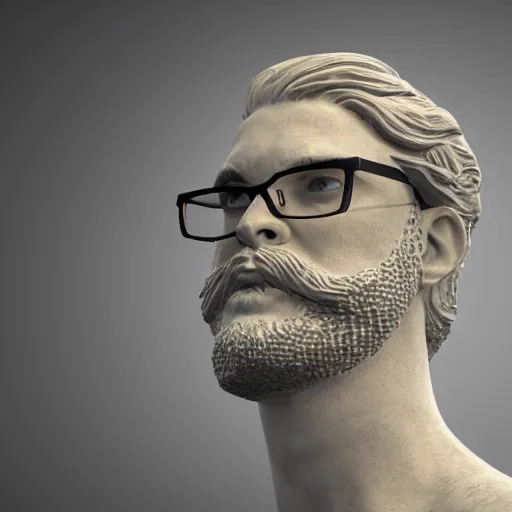 Prompt: a marble statue of a guy very long brownish! hair!, with nerdy! glasses! and goatee, octane render