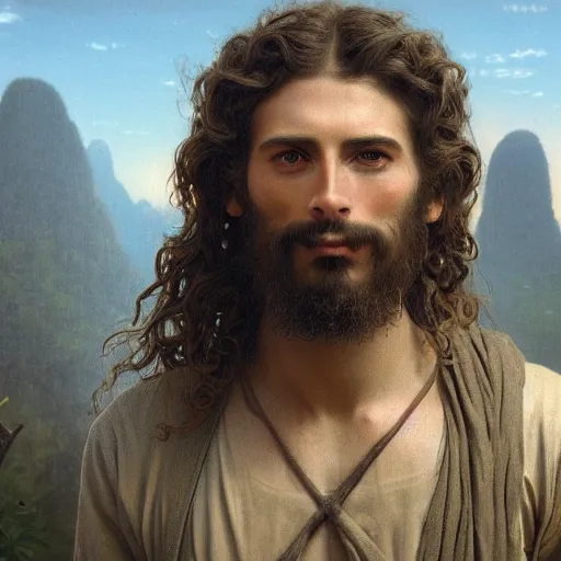 Prompt: an extremely detailed matte painting of a ridiculously good looking jesus that looks like a jewish gigachad in the vietnam war, ballistic helmet that says'born to save ', long curly hair, camouflaged gear, very detailed, jungles of vietnam beautiful, intricate, cinematic, artstation, william bouguereau, alphonse mucha, greg rutkowski, octane render