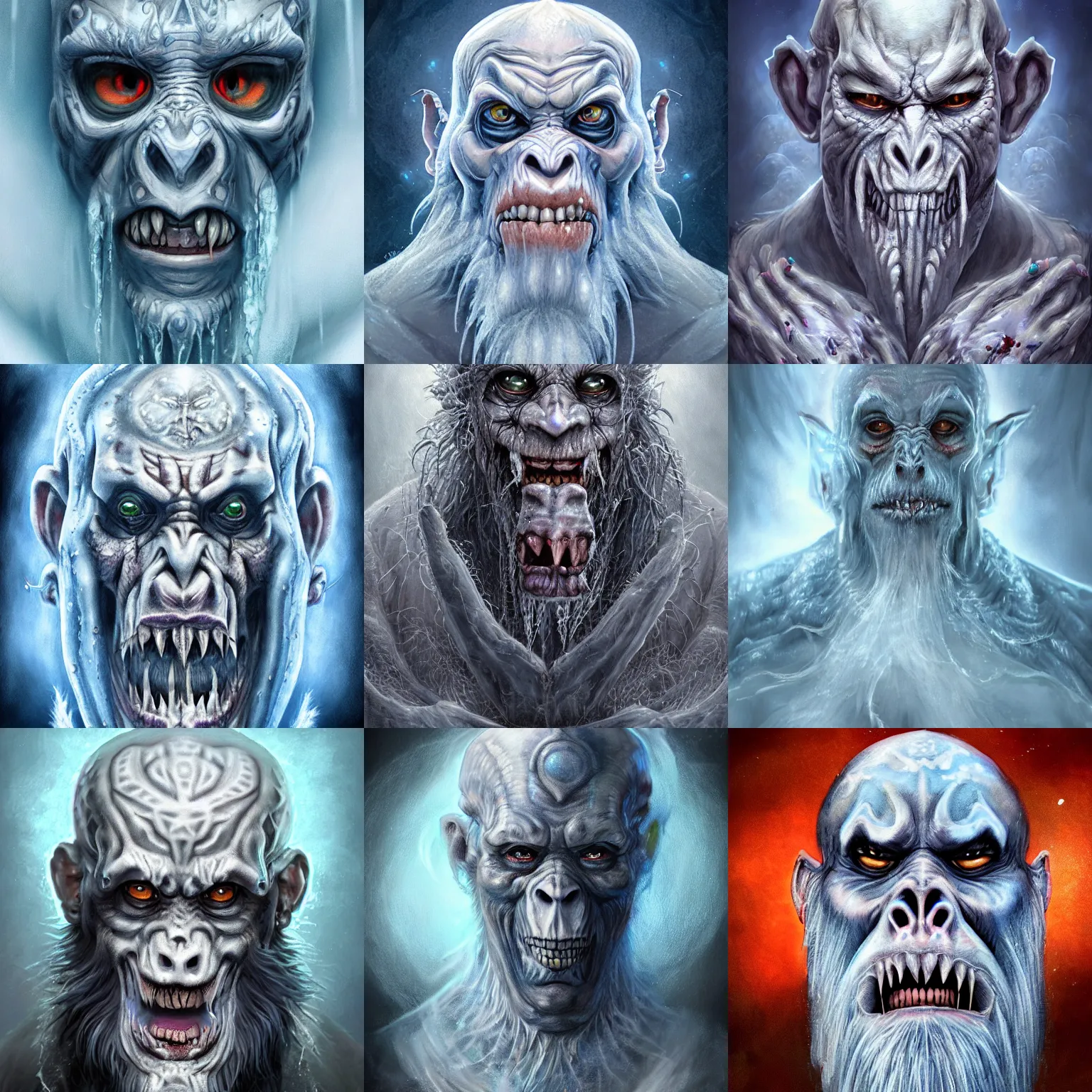 Image similar to a wlop 3 d render of very very very very highly detailed beautiful mystic portrait of a horror ice phantom ape demon with tattoos and frosty background by anton pieck, intricate, extremely detailed, digital painting, artstation, concept art, smooth, sharp focus, illustration, intimidating lighting, incredible art,