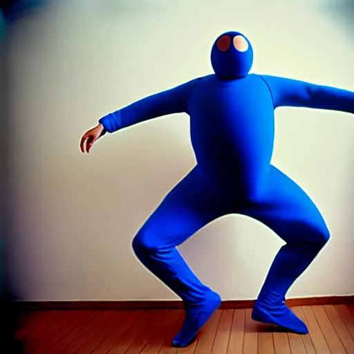 Image similar to a spherical man in a blue morphsuit waddling across the room, 3 5 mm, film shot