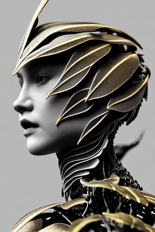 Image similar to monochrome close - up profile face, black background, beautiful young porcelain bio - mechanical vegetal - dragon - cyborg - female, white metallic armour, silver gold details, magnolia leaves and stems, roots, mandelbot fractal, 1 5 0 mm, beautiful natural soft rim light, elegant, hyper real, ultra detailed, octane render, 1 6 k