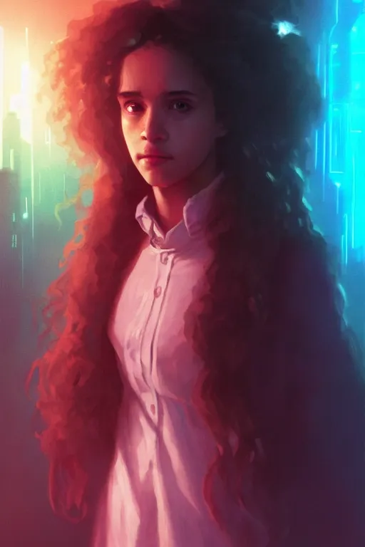 Image similar to portrait of Hermione Granger in cyberpunk, neon lighting, night city, digital art from artstation by Ruan Jia and Mandy Jurgens and Artgerm and william-adolphe bouguereau and Greg Rutkowski and Wayne Barlowe