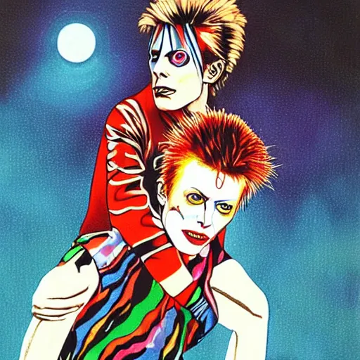 Image similar to david bowie from changes giving a piggy back ride to ziggy stardust. glam rock. by katsushika oi