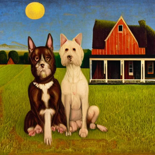 Image similar to two dogs portrait in front of a farmland, grant wood, american gothic from grant wood style