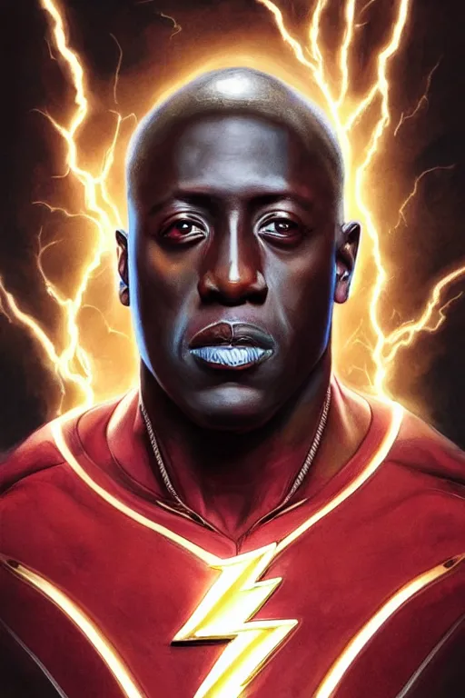 Image similar to Portrait of Wesley Snipes as Flash, DC, justice league, cinematic lighting, intricate, elegant, highly detailed, digital painting, artstation, painted by Artgerm and Mark Waid and Greg Rutkowski and Mandy Jurgens and Snyder