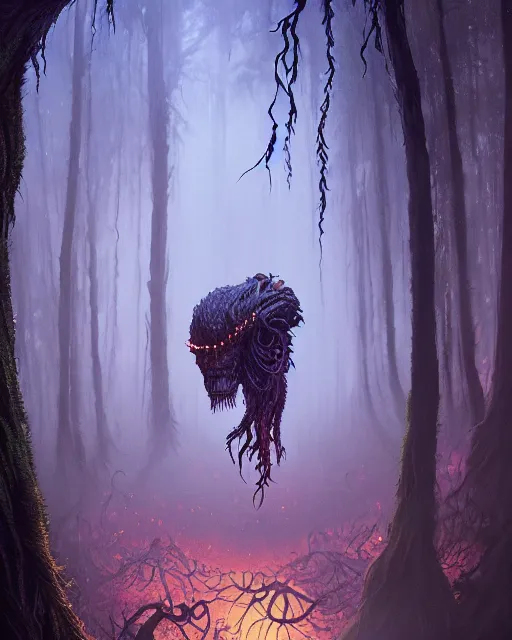 Image similar to highly detailed surreal vfx portrait of a cursed monster in a shadowy forest by a willow tree, stephen bliss, unreal engine, greg rutkowski, loish, rhads, beeple, makoto shinkai and lois van baarle, ilya kuvshinov, rossdraws, tom bagshaw, alphonse mucha, global illumination, detailed and intricate environment