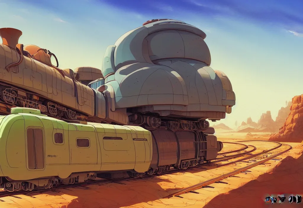 Image similar to chubby futuristic train on a railroad in the desert with a cactus on the right in the forefround, intricate oil painting, high detail illustration, sharp high detail, manga and anime 1 9 9 9, official fanart behance hd artstation by jesper ejsing and makoto shinkai, 4 k,