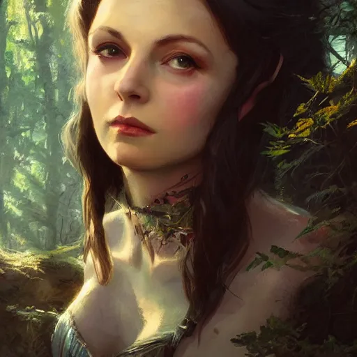 Image similar to closeup portrait of a young vivian leigh with elf ears, forest background, megacity, high fantasy, dramatic light, gorgeous view, depth, high detail, digital art, painted by greg rutkowski, trending on artstation