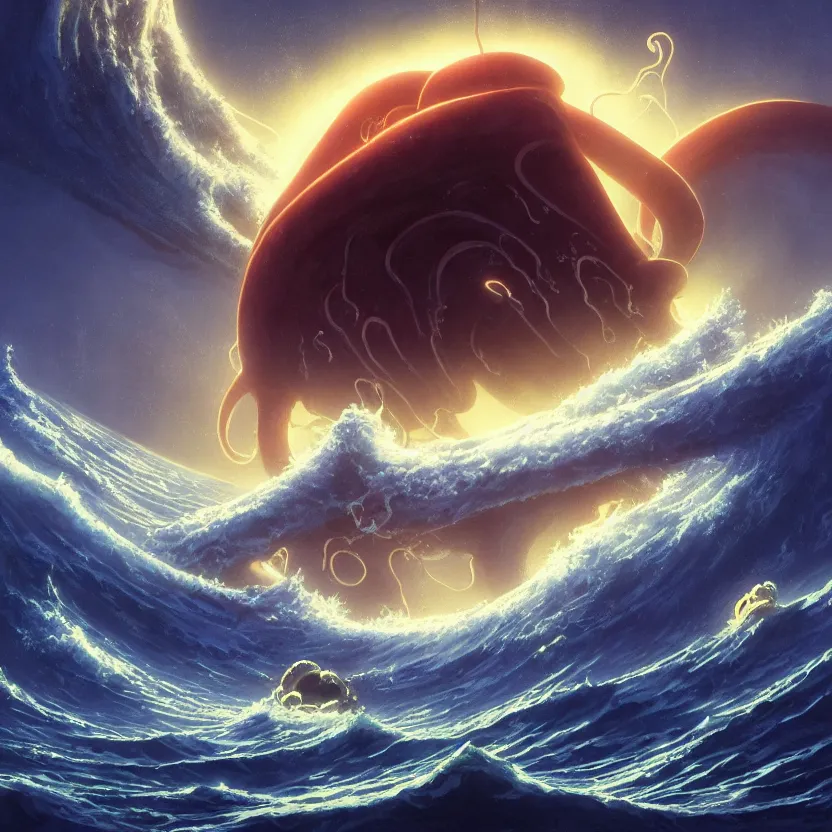 Image similar to treasure planet, giant octopus monster in a stormy sea with huge waves, huge tentacles, clouds, stars, rings, beautiful lighting, vivid colors, intricate, elegant, smooth, concept art, cinematic, unreal engine, wallpaper, by syd mead, terada katsuya, atey ghailan, svetlin velinov, makoto shinkai art style