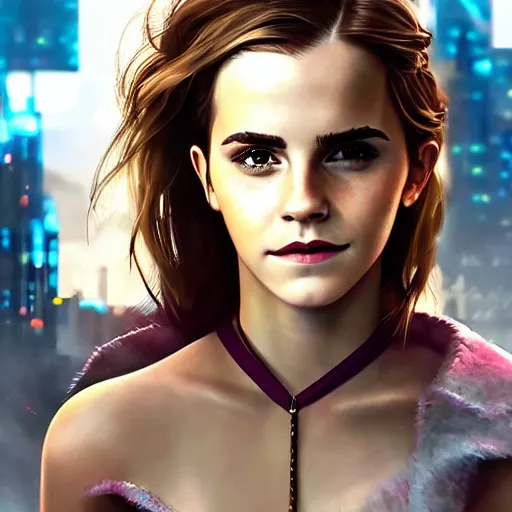 Image similar to Portrait of Emma Watson, the background is a huge futuristic city, cyberpunk style futuristic neon lights, artstation cgsociety masterpiece highly-detailed