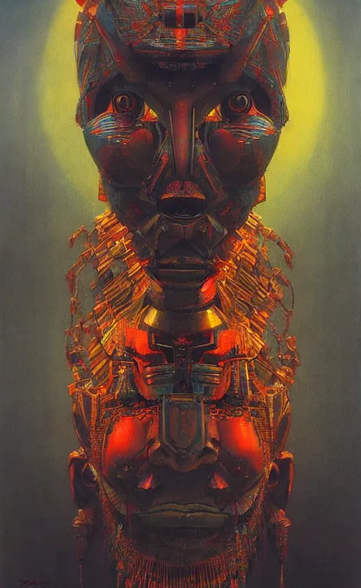 Image similar to portrait of mecha african tribal chief, symmetrical, dramatic lighting, colourful, art by zdzislaw beksinski,