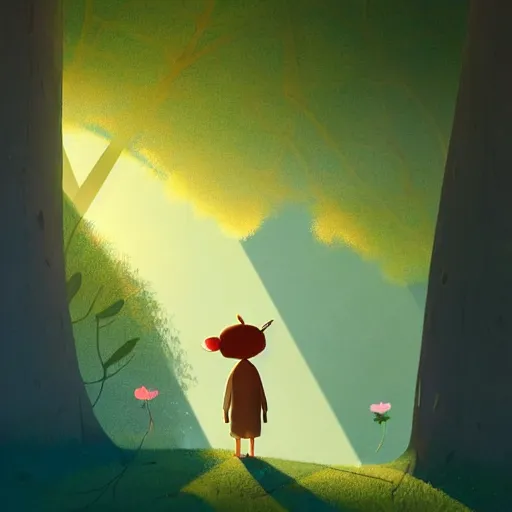 Image similar to goro fujita ilustration a beautiful forest with tall and short trees, with lots of vegetation, reflected in a lake, the rays of light go through the forest, characters drawn with simple shapes appearing through the illustration, painting by goro fujita, sharp focus, highly detailed, artstation