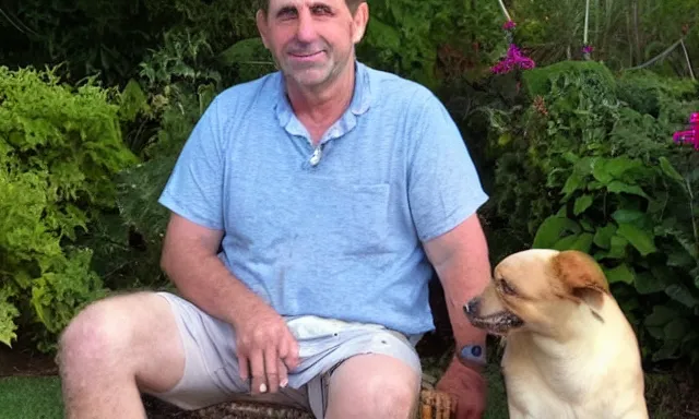 Image similar to My dad Steve just took a hit from the bongo and have good time being gracefully relaxed in the garden, sunset lighting. My second name is Carell. My dad second name is Carell. Im the dog and Steve Carell is my dad. Detailed face