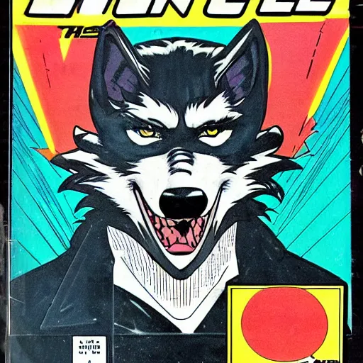 Image similar to 1 9 8 0 s comic book cover scan featuring a portrait of villain male wolf o'donnell anthropomorphic wolf furry fursona from starfox wearing a dark space mercenary uniform, dark grey wolf, handsome eyes, wolf o'donnell