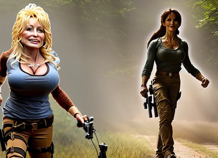 Image similar to film still of!!!! dolly parton!!! as lara croft in new tomb raider movie, 8 k