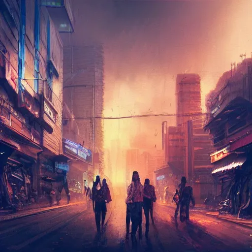 Image similar to cyberpunk city, street vendors, citizens, augmented cyborgs, robots, skyscapers, buildings, clouds, sunset, painted by seb mckinnon, high detail, digital art, trending on artstation